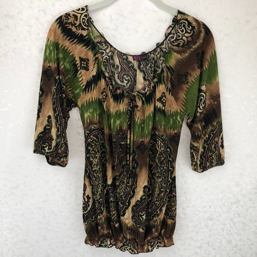 Agenda Boho Short Sleeve Brown and Green Stretchy Peasant Blouse Size M